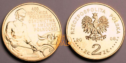 2 zł 2008 r. - Osadnictwo - 400. rocznica polskiego osadnictwa w Ameryce Północnej, dwa złote NG