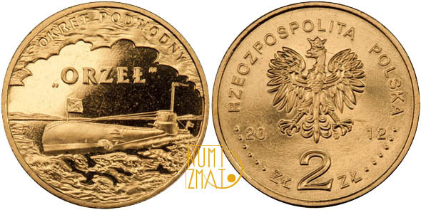 2 zł 2012 r. - Okręt podwodny Orzeł - Polskie okręty, dwa złote NG
