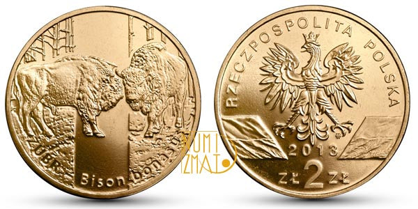 2 zł 2013 r. - Żubr (bison bonasus) - Zwierzęta świata, dwa złote NG
