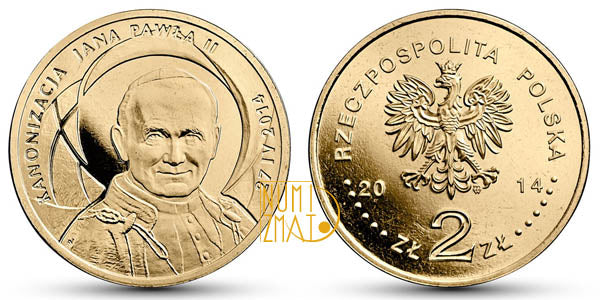 2 zł 2014 r. - Kanonizacja Jana Pawła II 27 IV 2014 - Papież Jan Paweł II, dwa złote NG