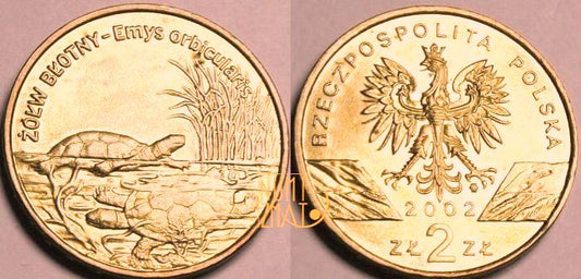 2 zł 2002 r. -  Żółw błotny (Emys orbicularis), dwa złote NG