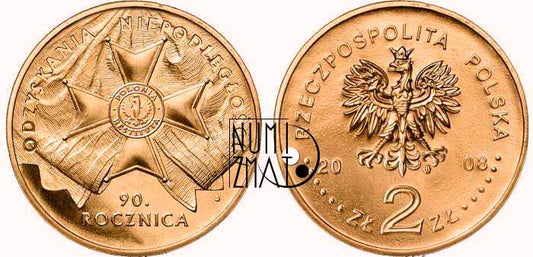2 zł 2008 r. - Niepodległość - 90. rocznica odzyskania niepodległości, dwa złote NG